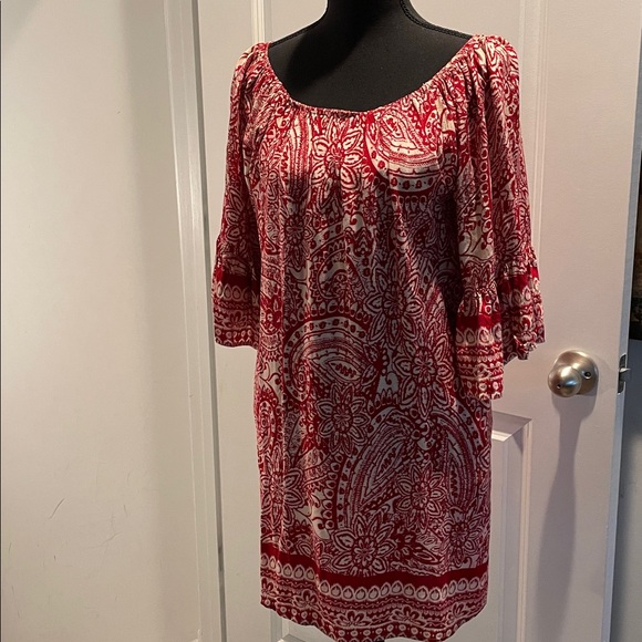Umgee Off Shoulder Mini Dress Women Size S Girlhood-core Boho Red Cream Paisley - Picture 2 of 14